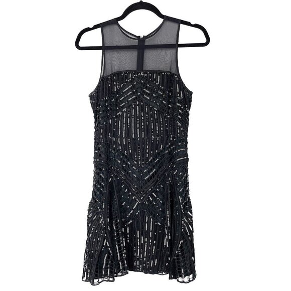 PARKER Designer LBD 100% Silk Sequins Sheer Fit-and-Flare Mini Black Dress sz 6 - Picture 1 of 10